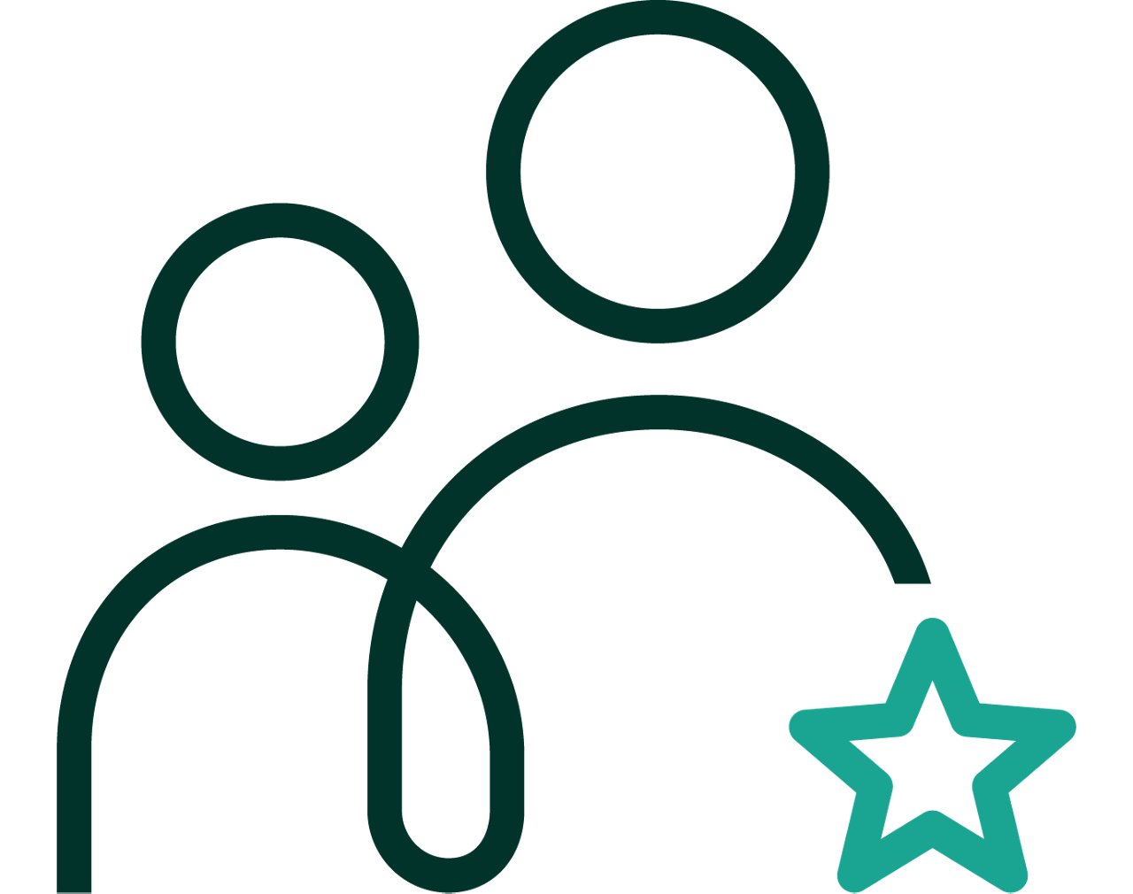 An iconographic representation of two generic bodied people next to one another with a star symbol located in the lower right. Dark green and teal positive color palette.