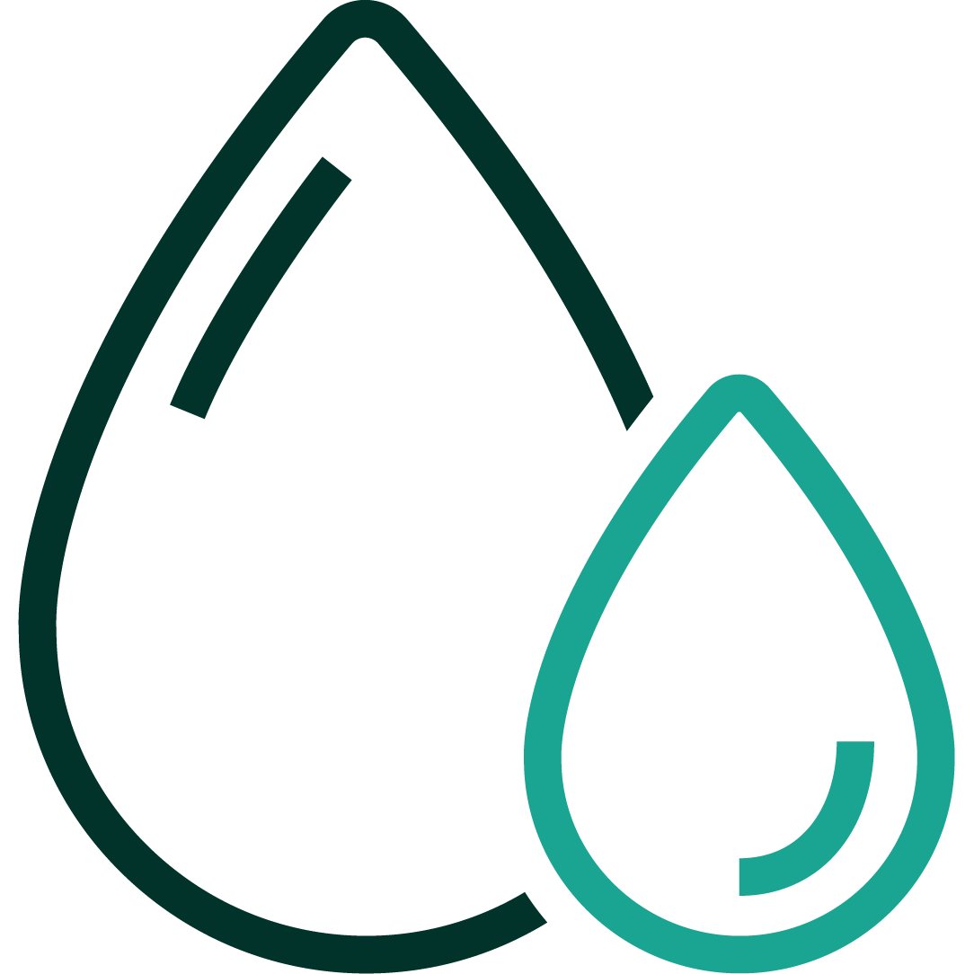 An iconographic representation of overlapping water droplets. Dark green and teal positive color palette.