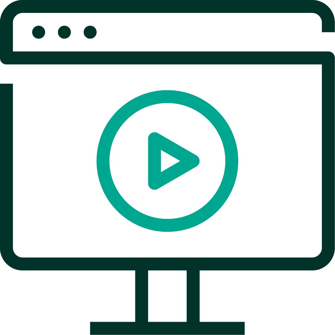 An iconographic representation of a computer with a play button. Dark green and medium teal positive color palette.
