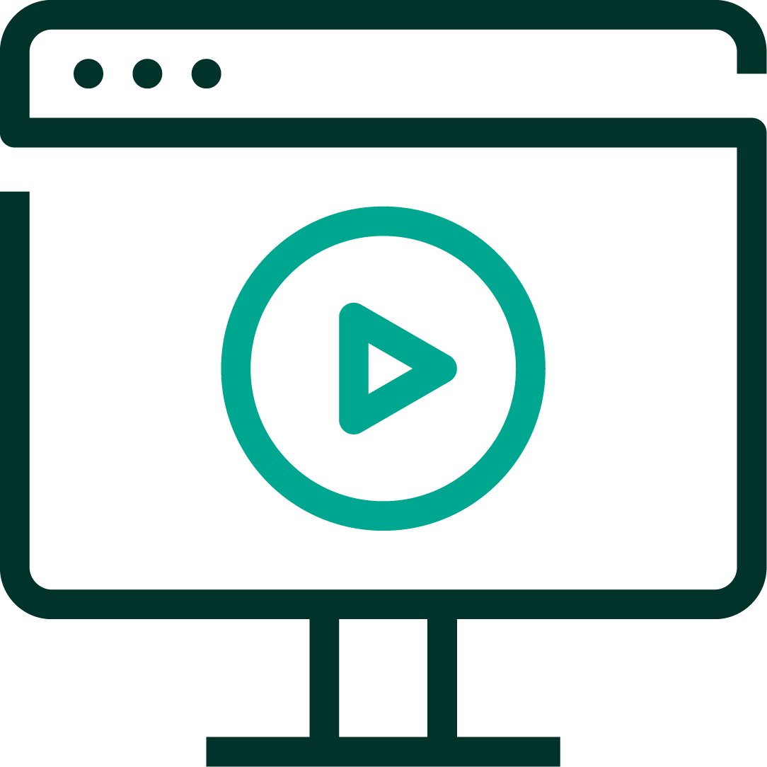 An iconographic representation of a computer with a play button and a progress bar to represent a livestream. Dark green and teal positive color palette.