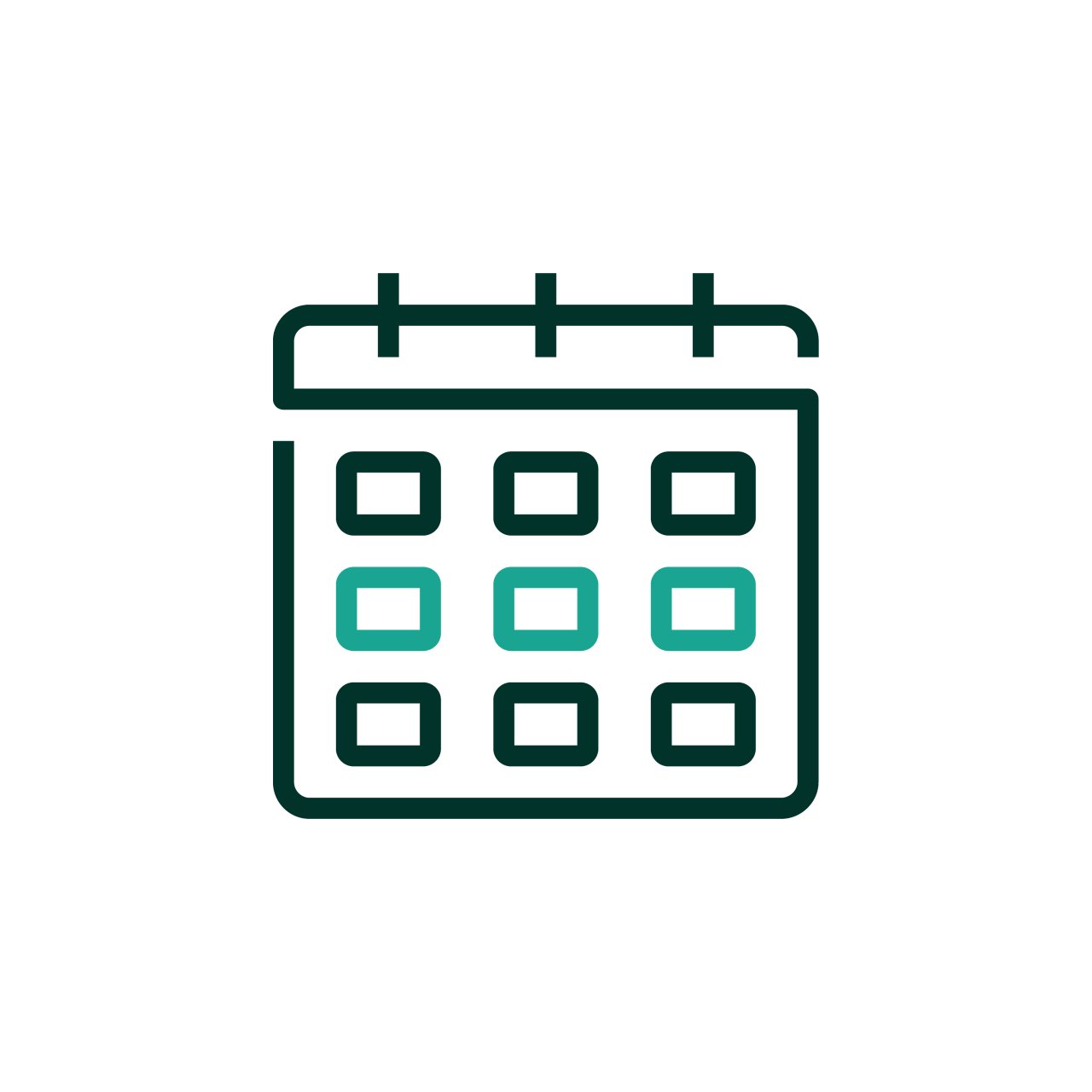 An iconographic representation of weekly on a calendar. The calendar has three rows and columns of a rectangle. The center row is highlighted to visualize a week. Dark green and medium teal positive color palette.