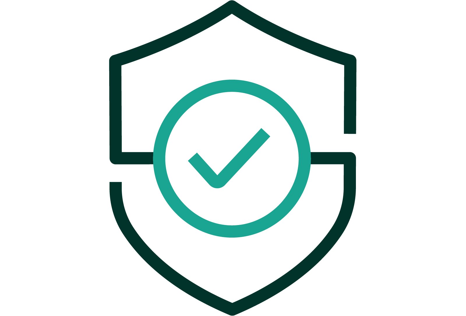 An iconographic representation of a shield with a checkmark to indicate protecting the brand. Dark green and medium teal positive color palette.