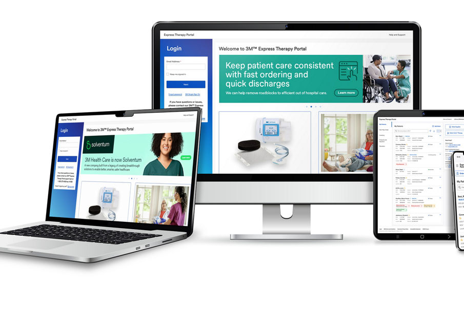 Rendered image of a laptop, computer monitor, tablet, and cell phone with 3M Express Therapy Portal website on the screens.