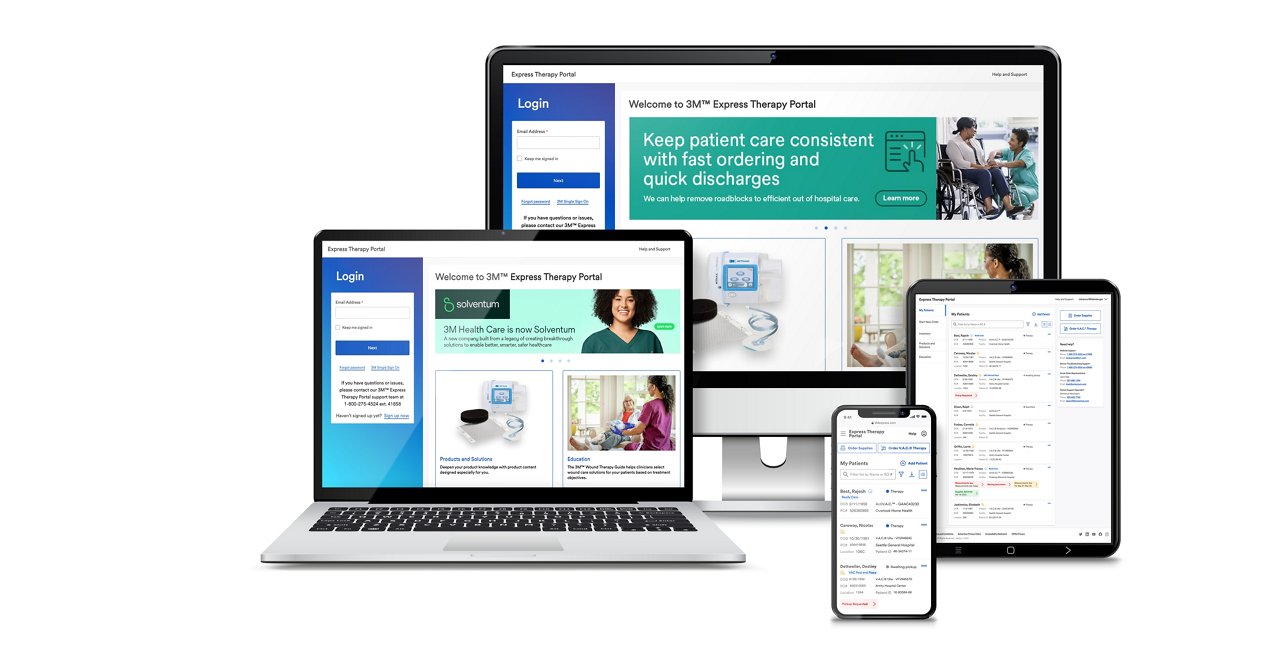 Rendered image of a laptop, computer monitor, tablet, and cell phone with 3M Express Therapy Portal website on the screens.