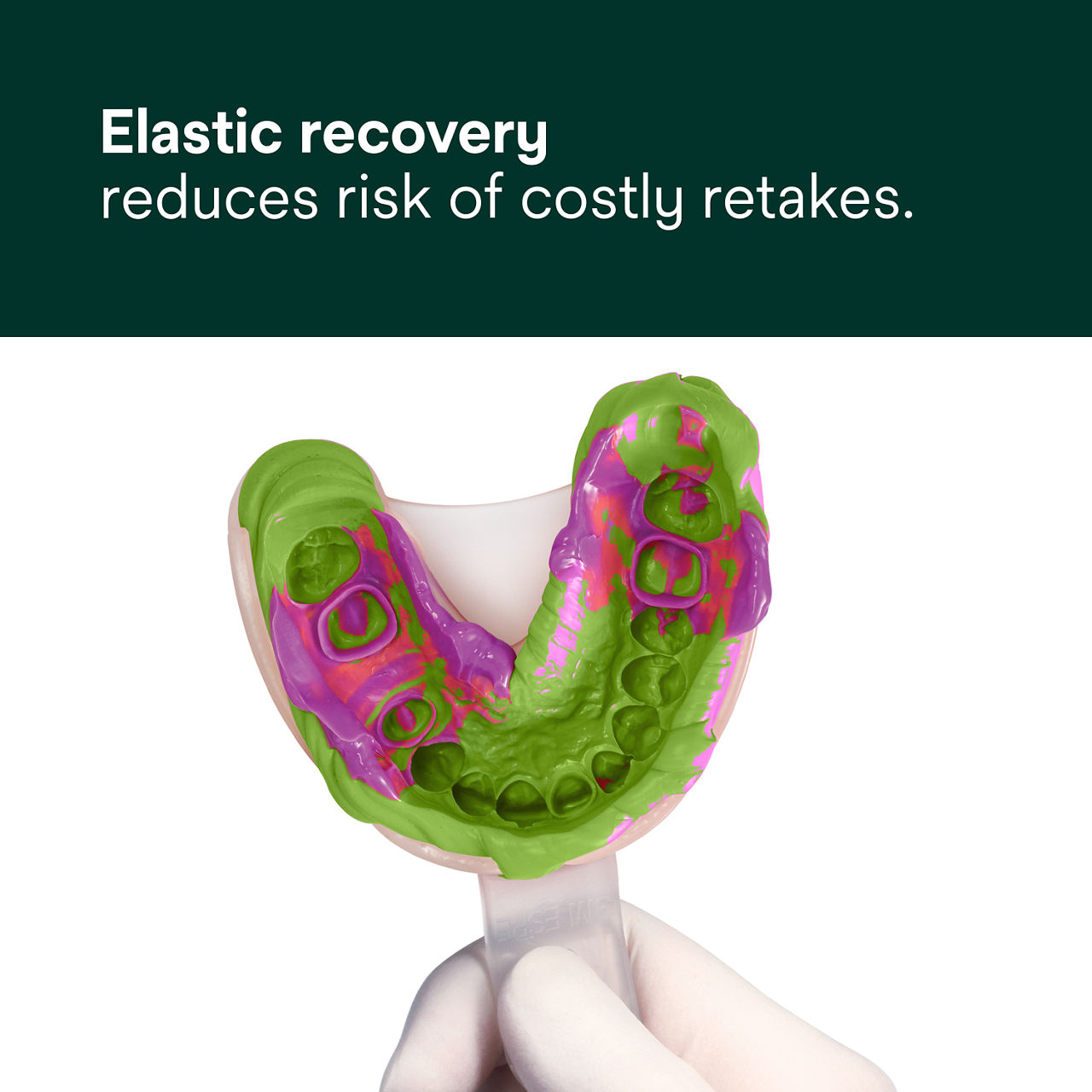 Secondary image 1 for use on Express XT VPS Quick Set PDP featuring gloved hands holding green and purple quick set dental mold and "Capture every detail with great hydrophilicity and flow behavior" text