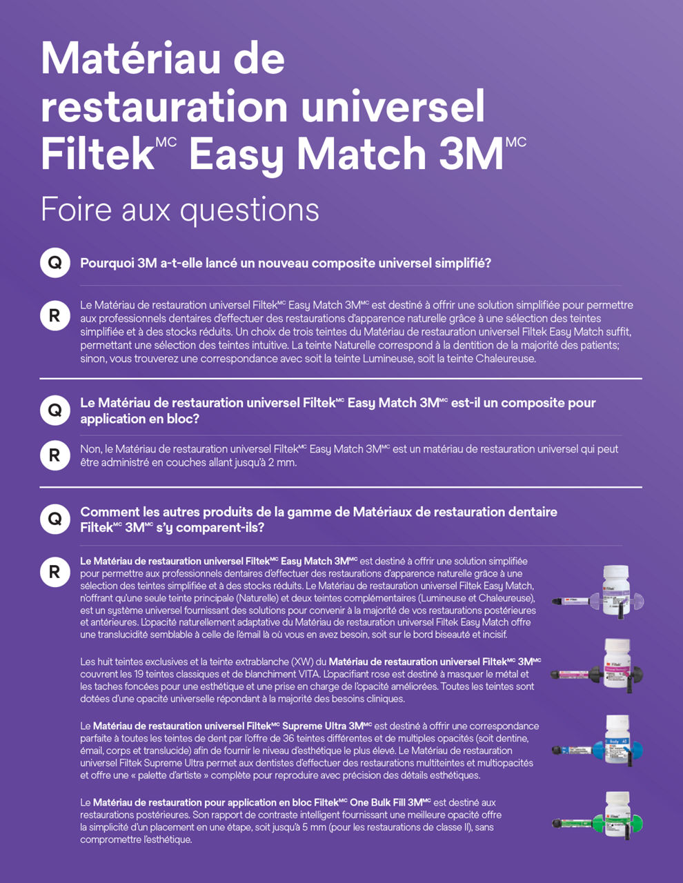 Matériau de restauration universel FiltekMC Easy Match 3MMC Fiche FAQ pour les gélules, FR CA