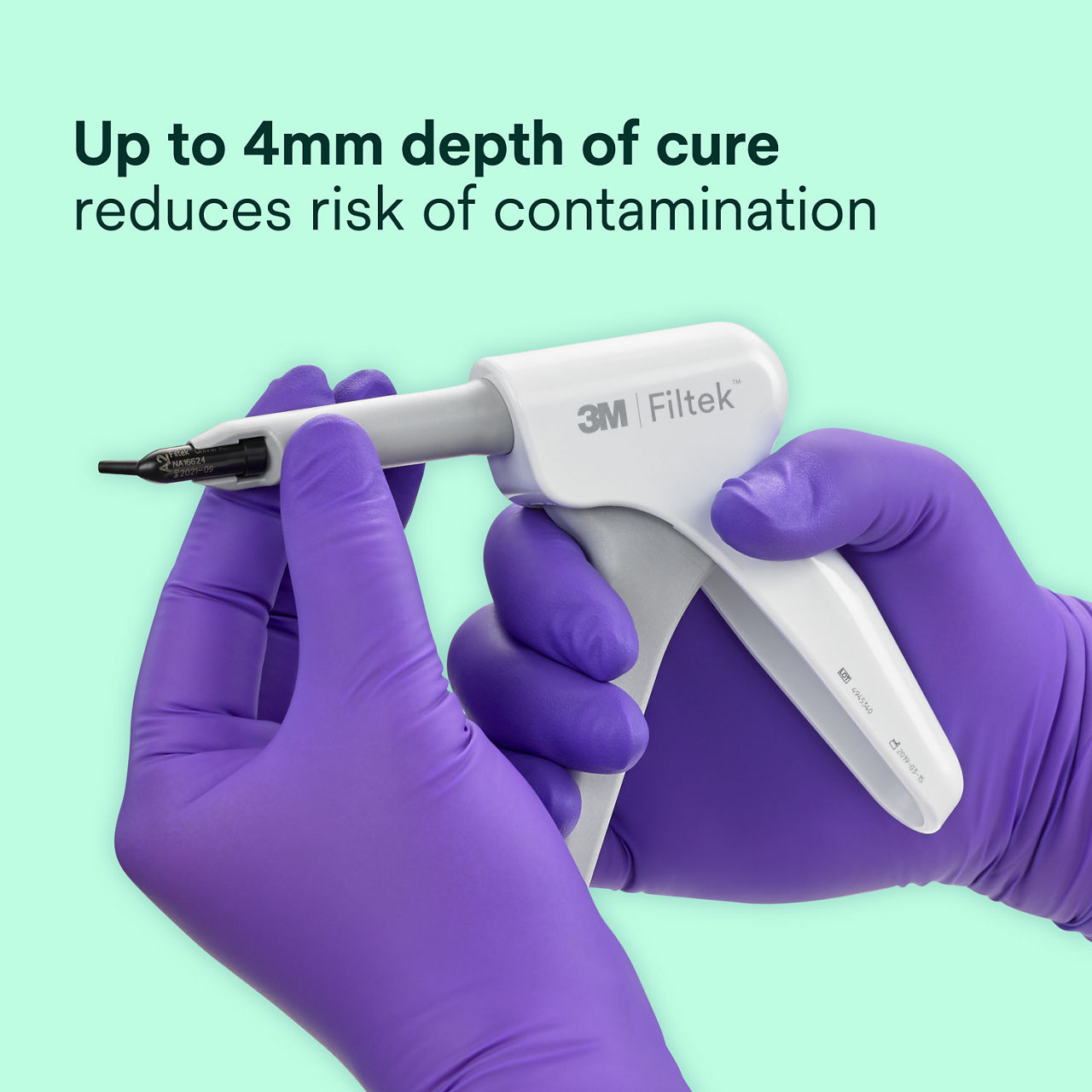 (2) 3M™ Filtek™ Bulk Fill Flowable Restorative Capsule: Up to 3mm depth of cure