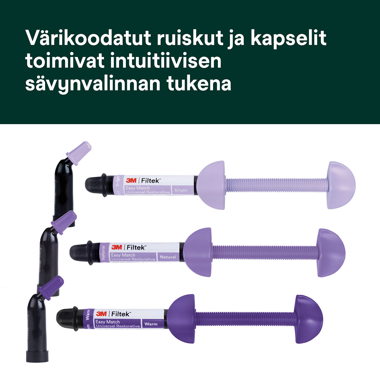 (2) Filtek™ Easy Match Universal Restorative Värikoodatut ruiskut ja kapselit Bplus 6