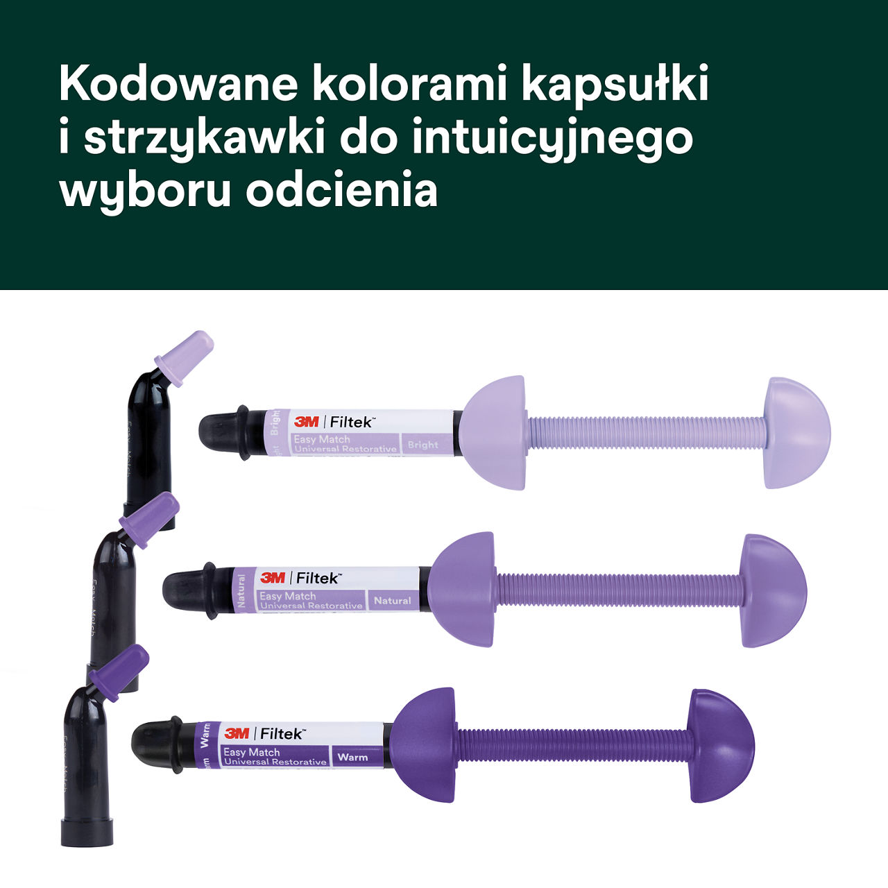 (2) Filtek™ Easy Match Universal Restorative Kodowane kolorami kapsułki i strzykawki Bplus 6