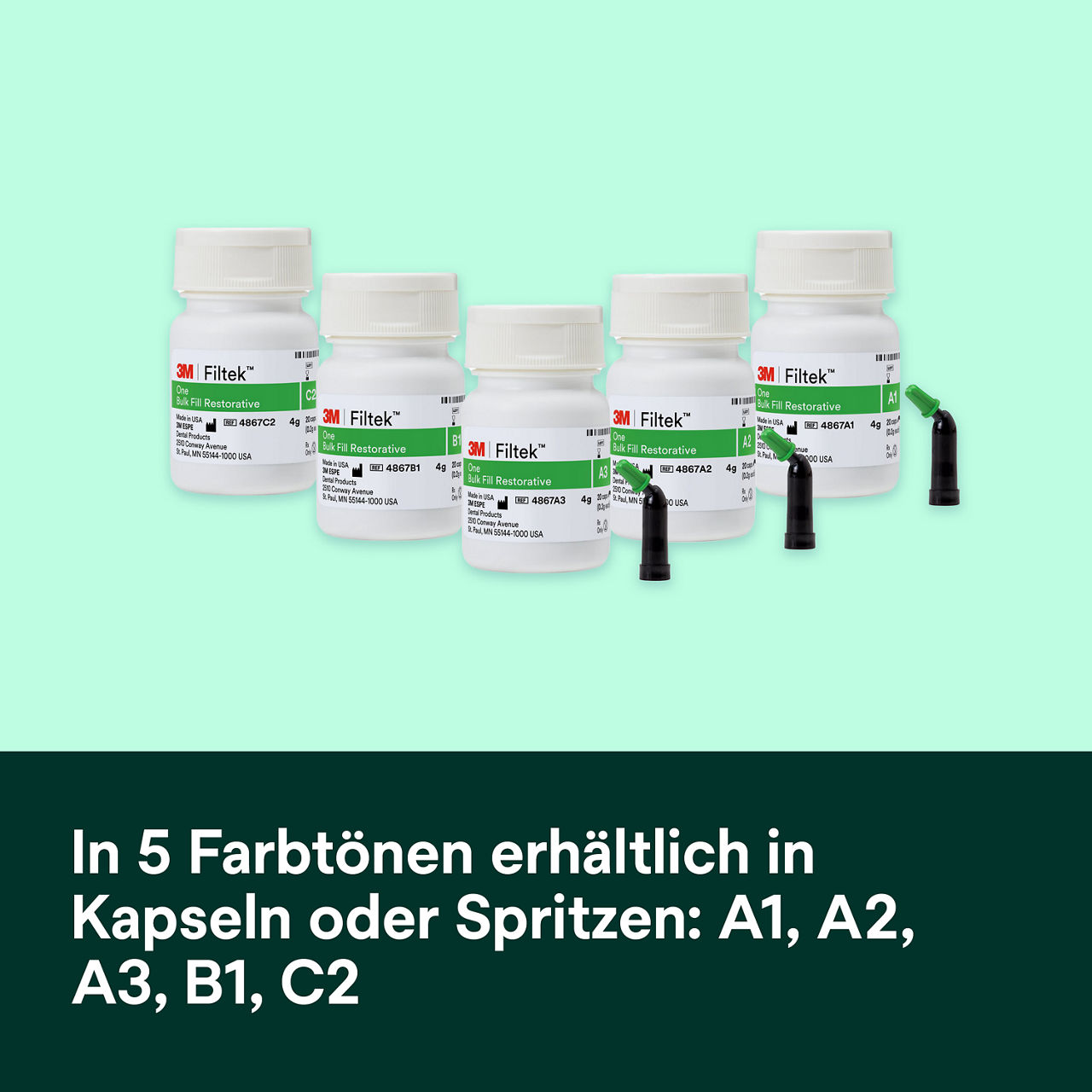 6- Filtek One Bulk Fill: In 5 Farbtönen erhältlich in Kapseln oder Spritzen: A1, A2, A3, B1, C2