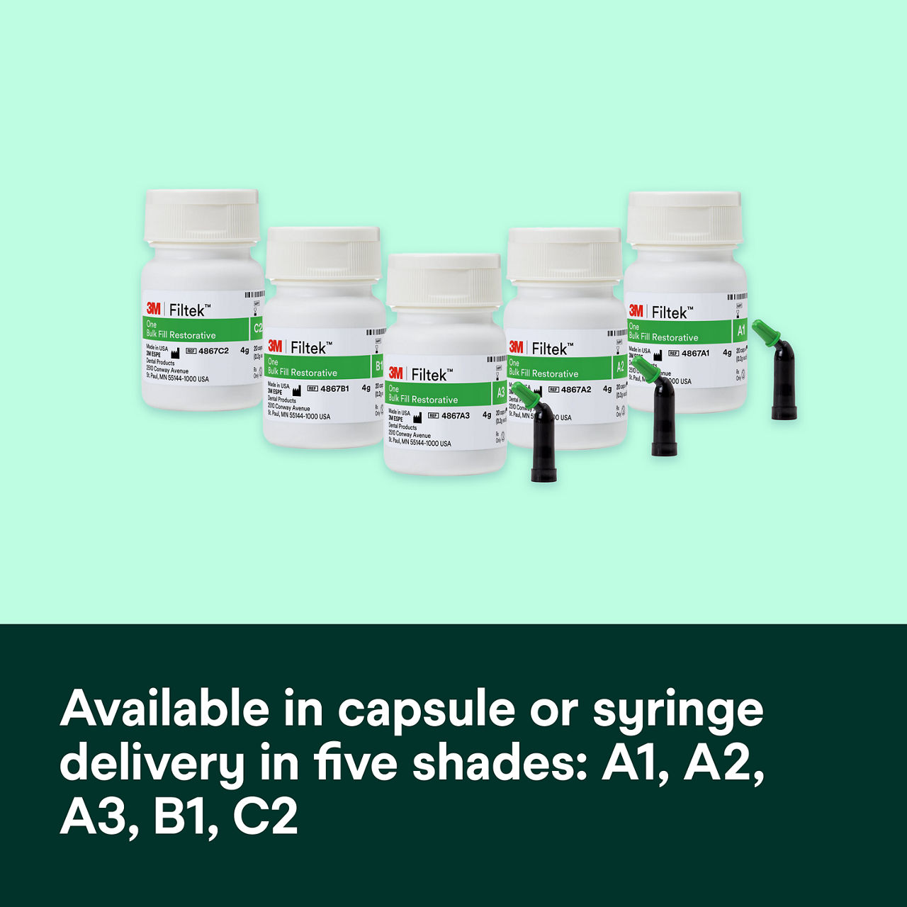 (6) 3M™ Filtek™ One Bulk Fill: Available in capsule or syringe delivery in 5 shades