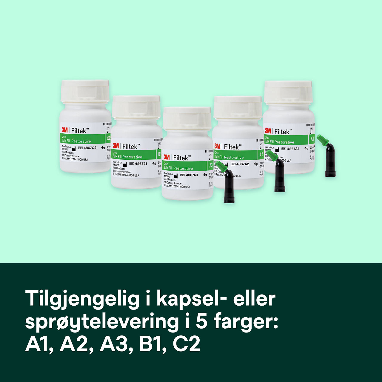 6- Filtek™ One Bulk Fill: Tilgjengelig i kapsel- eller sprøytelevering i 5 farger