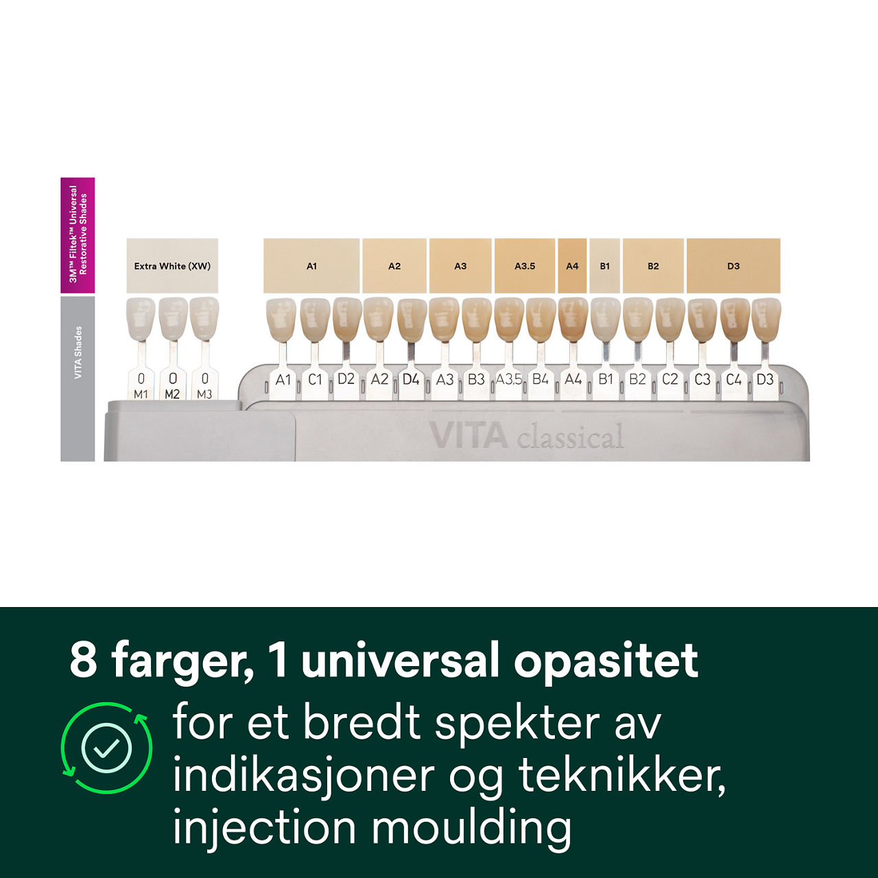 2- Filtek™ Universal: 8 farger, 1 universal opasitet
