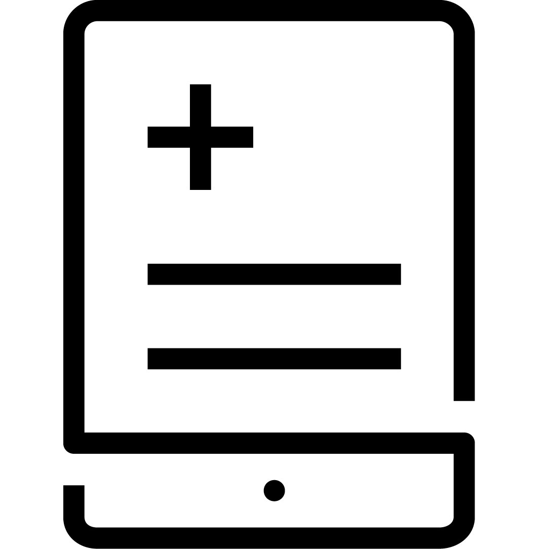 An iconographic representation of a tablet with a cross on it to signify health care information systems. Black limited palette.