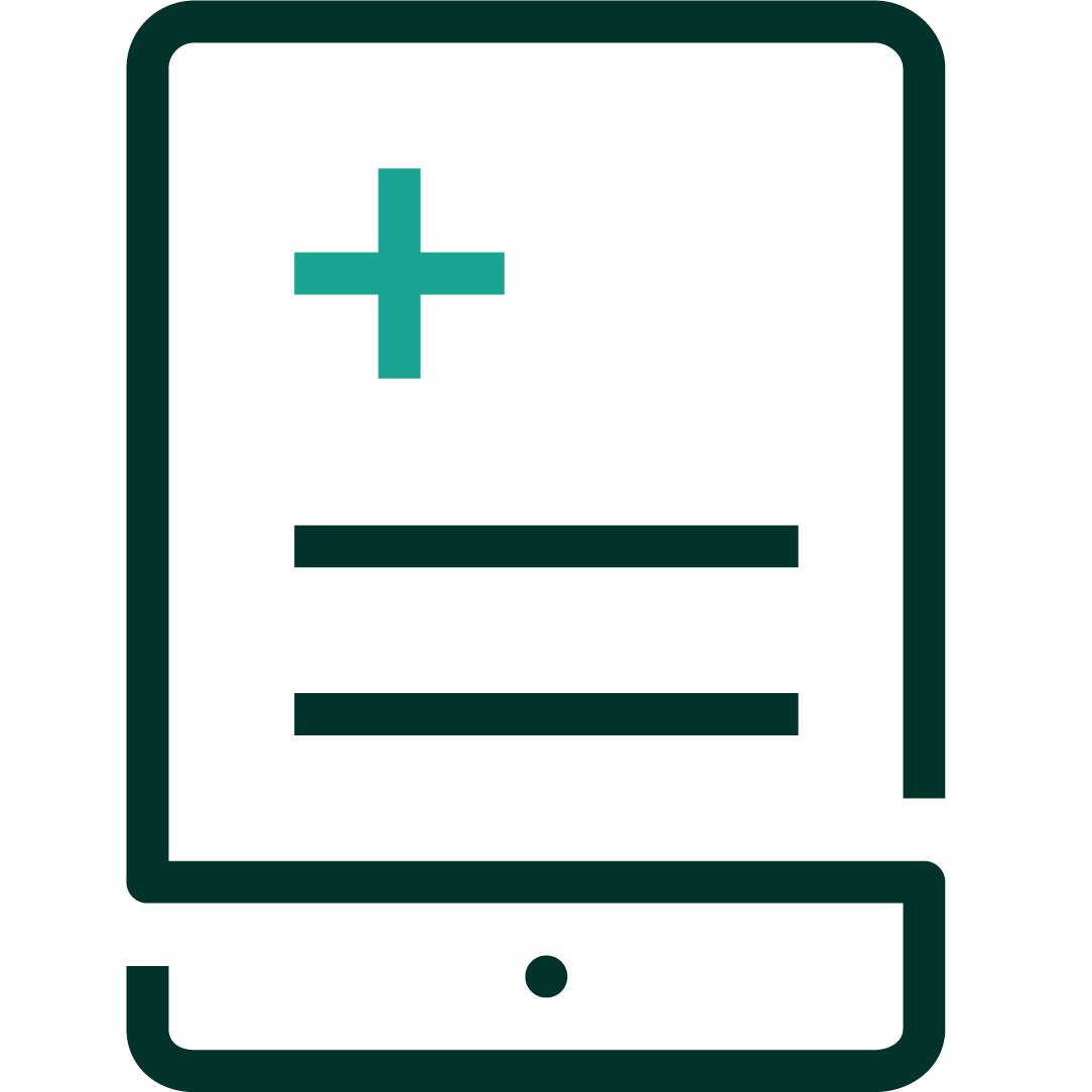 A line drawing graphic represents a safety data sheet with blue plus on it.