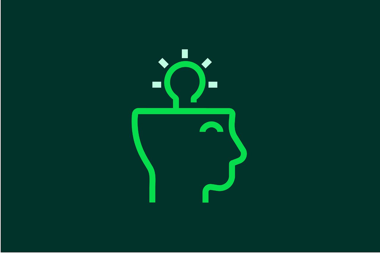 Innovation icon on dark green background.