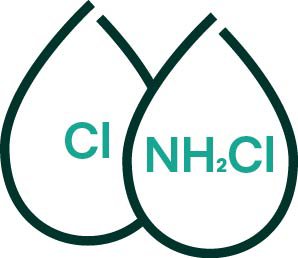 Two toned icon representing two fluid drops with labels showing CL for Chlorine and NH2CL for Chloramines