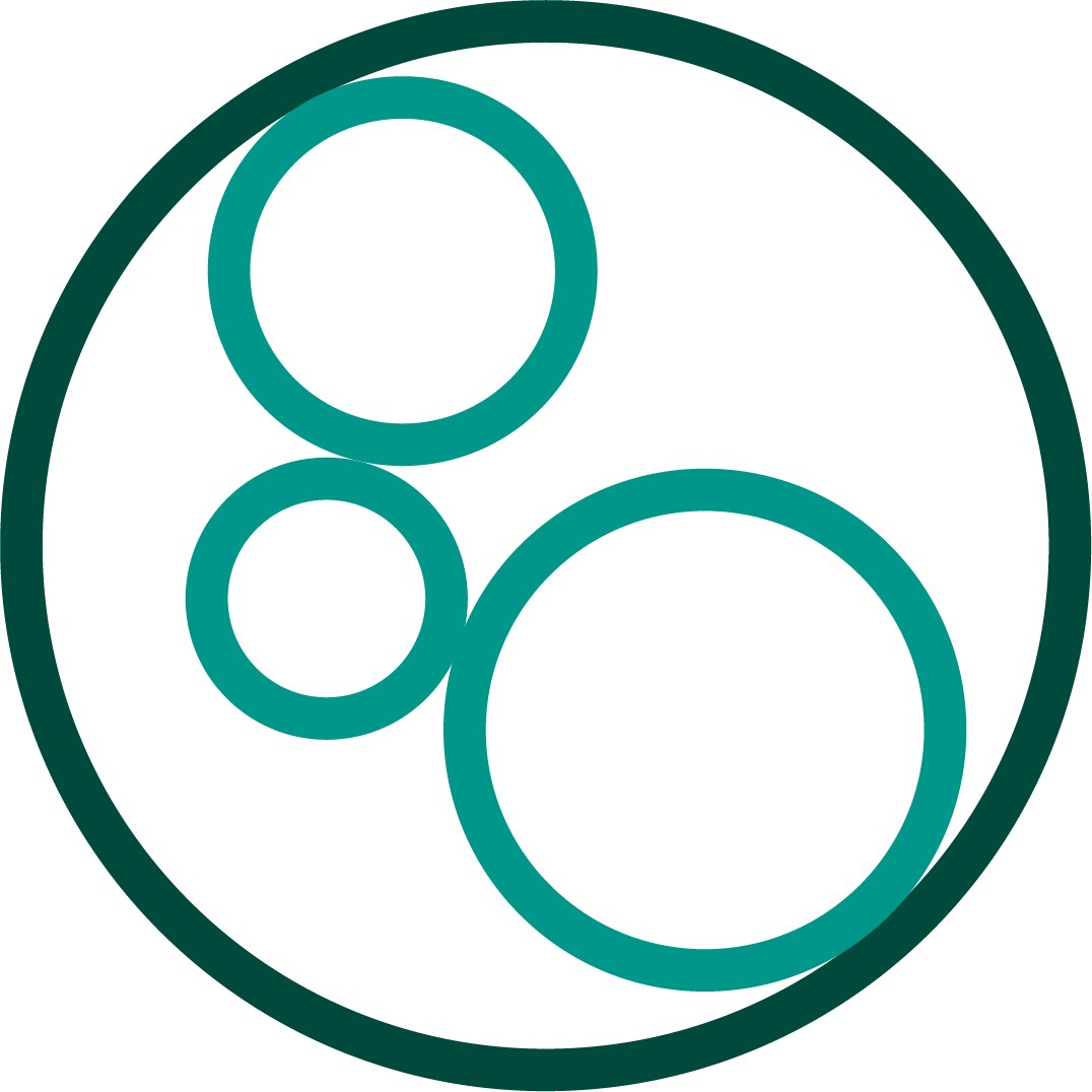 Two-toned icon of a large circle encompassing three smaller circles to represent waterborne cysts