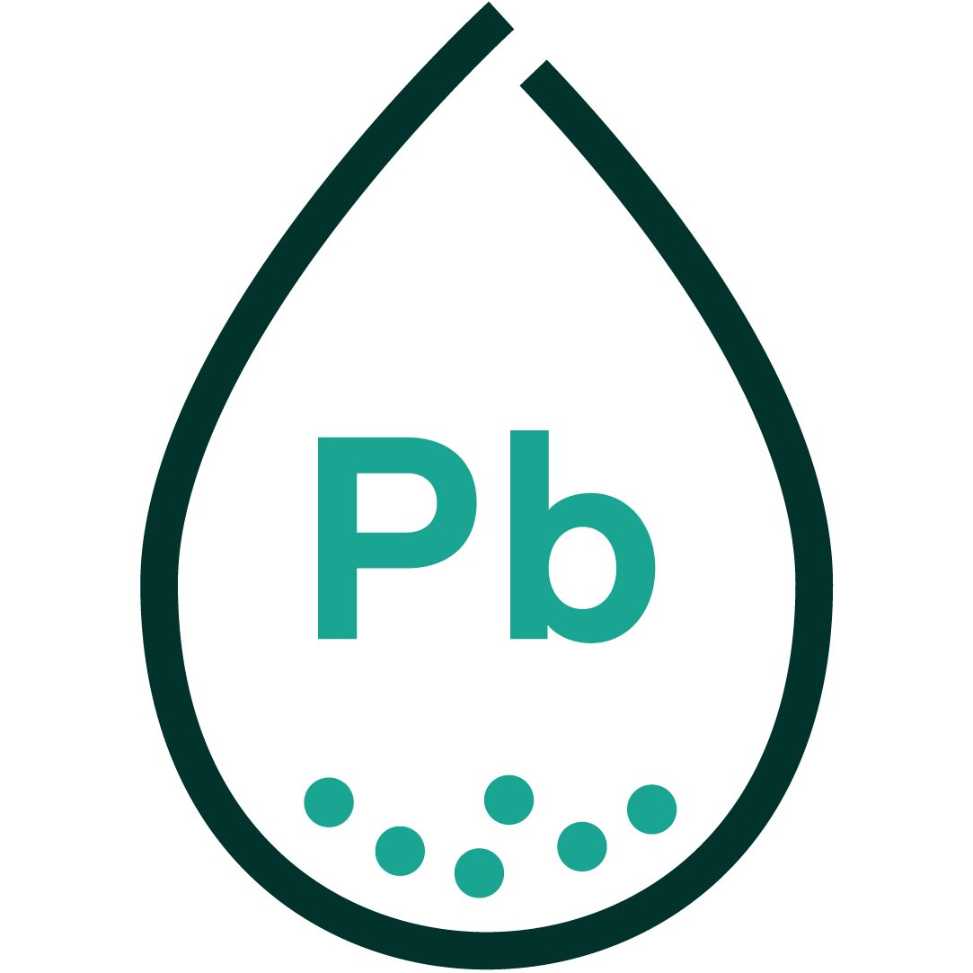 Two toned icon representing a drop of fluid with the label PB for Lead