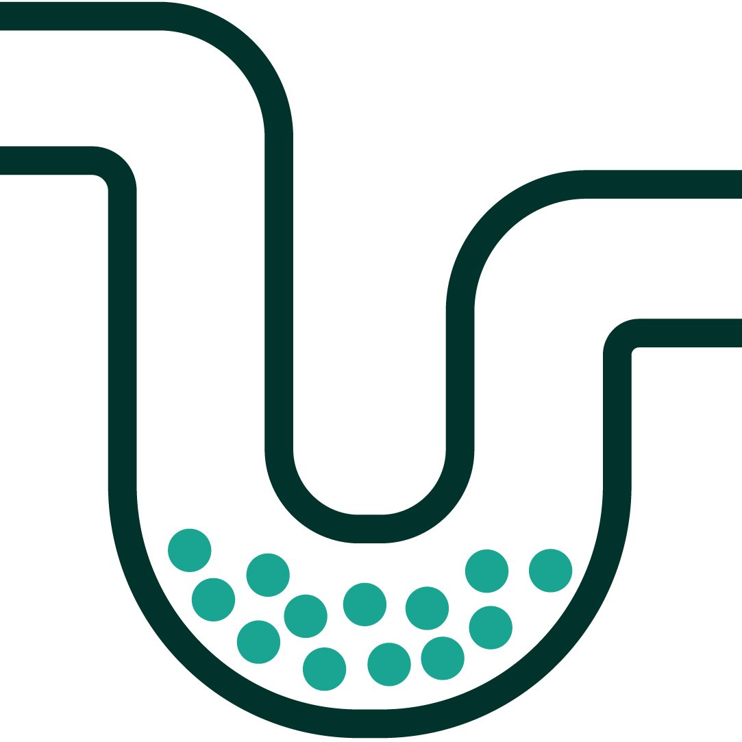 Two-toned icon representing a pipe with a scale build-up impeding the flow of water