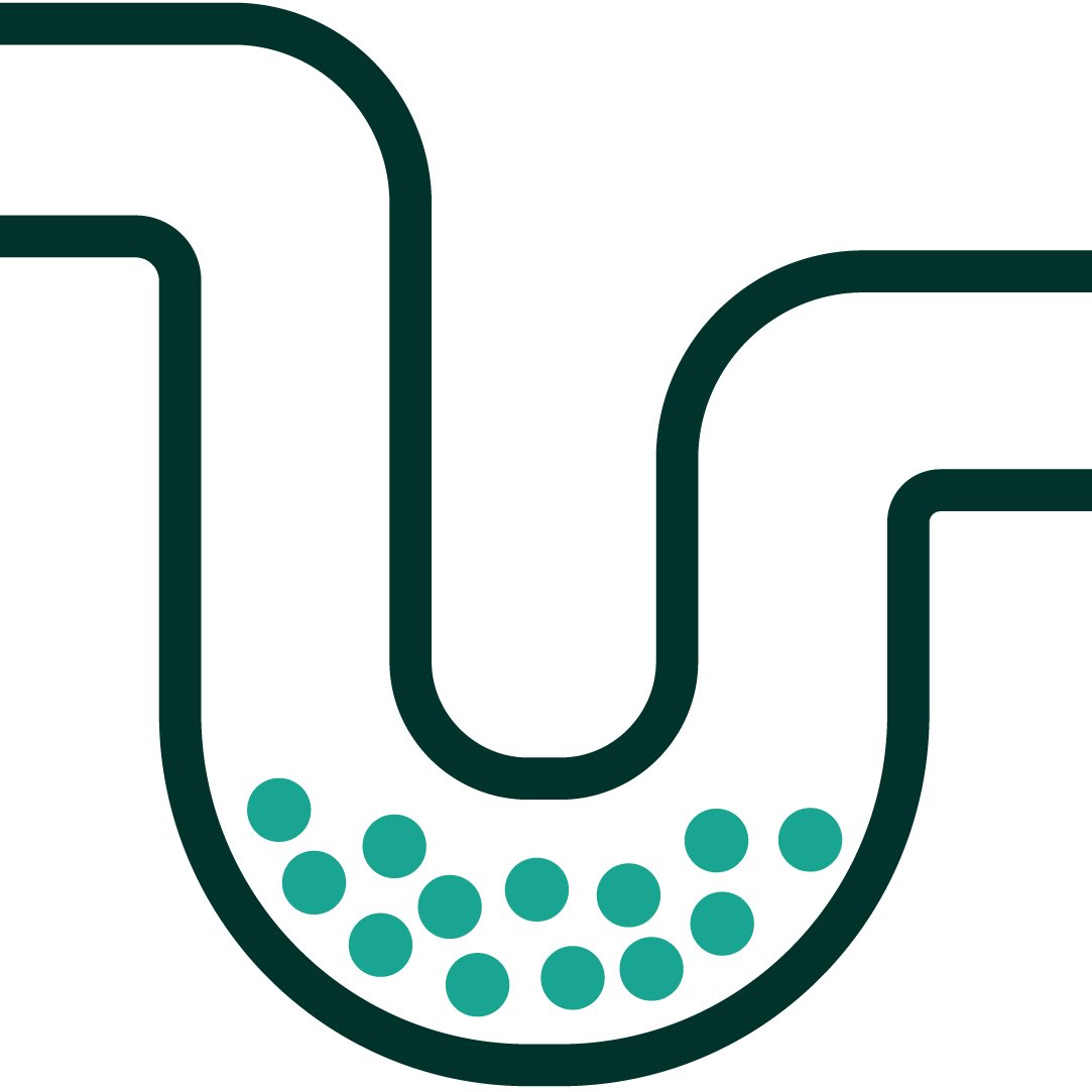 Two toned icon representing a pipe with a scale build-up impeding the flow of water