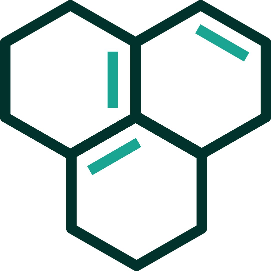 Two-toned icon showing three hexagons representing chemicals