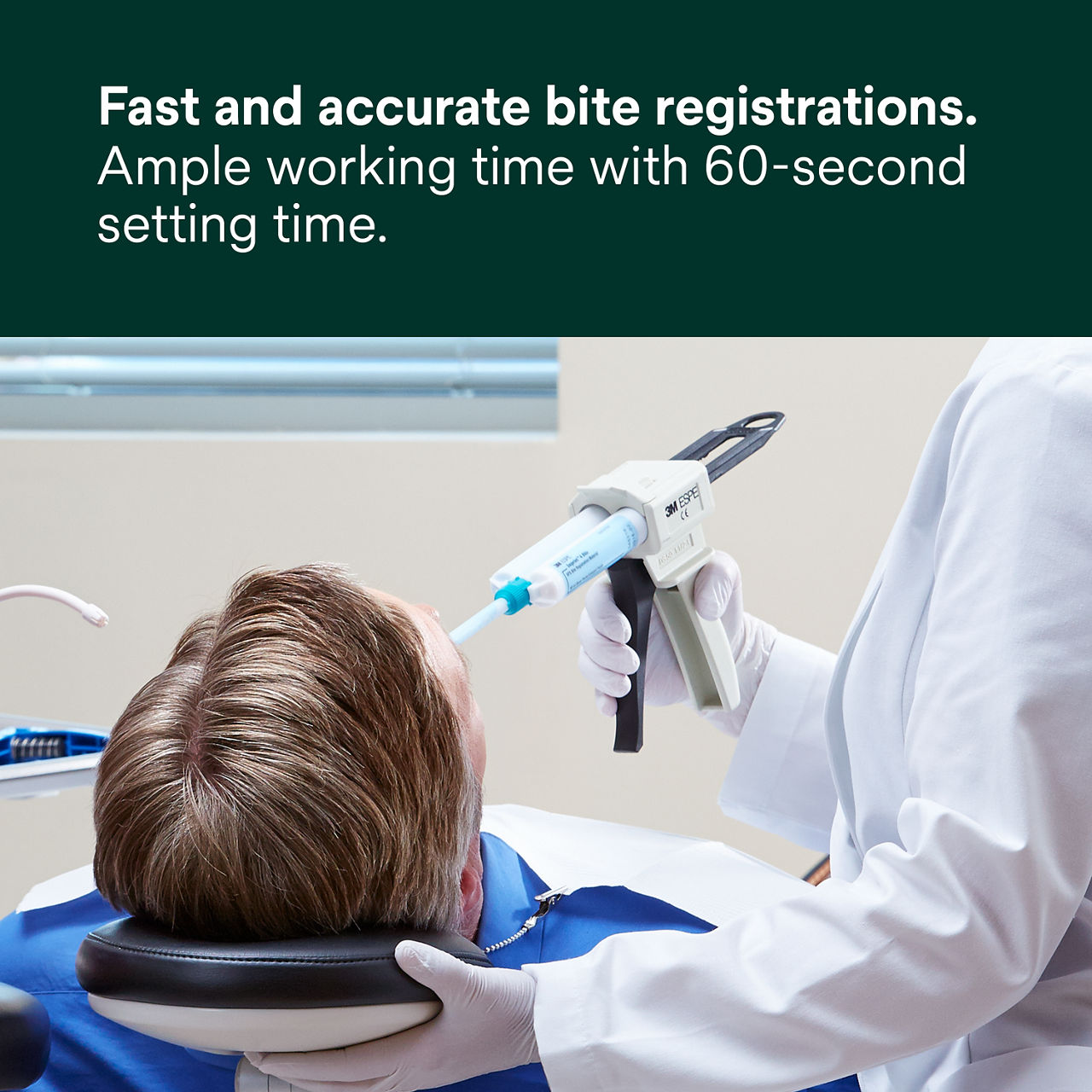 Fast and accurate bite registrations. Ample working time with 60-second setting time