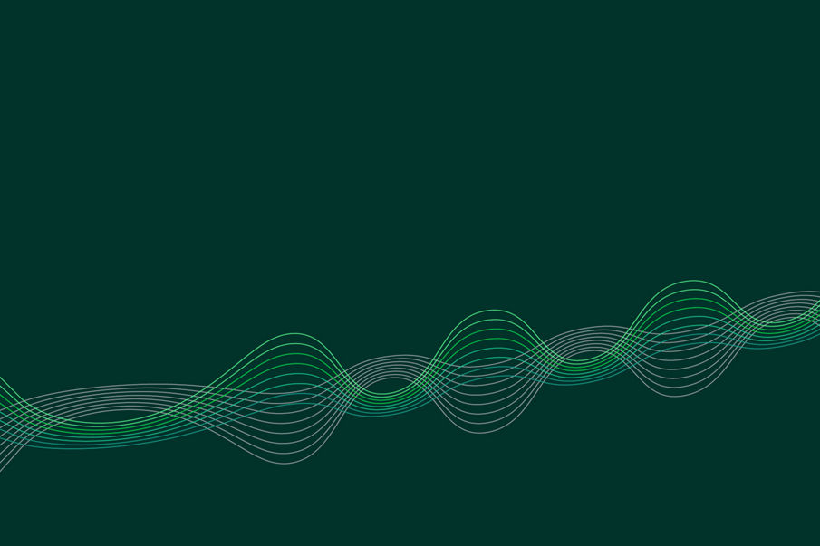 Intersecting lines in gray and green on dark green background creating wave pattern