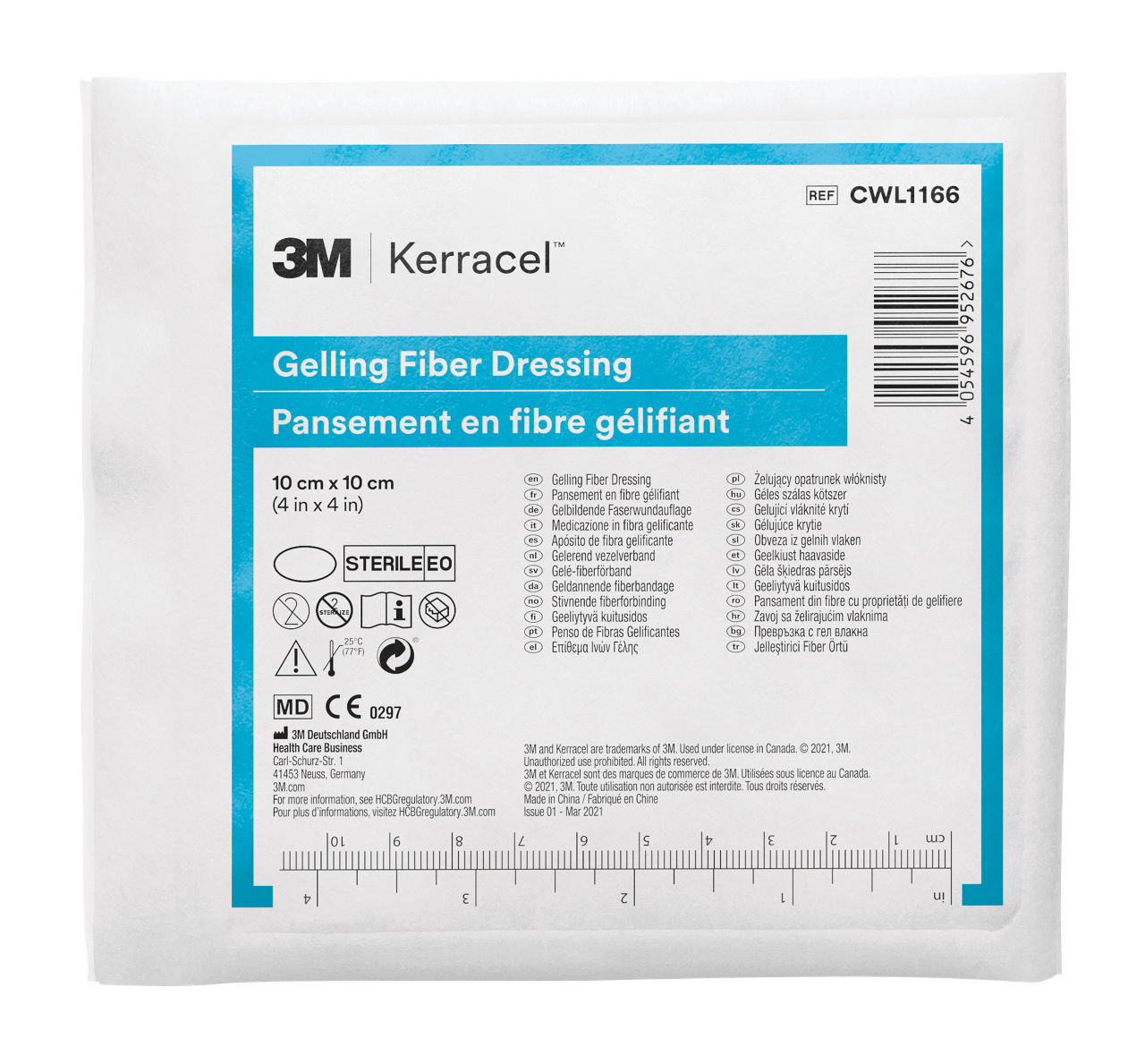 3M™ Kerracel™ Gelling Fiber Dressing, CWL1166, 14in x 4in (10cm x 10cm), single pouch