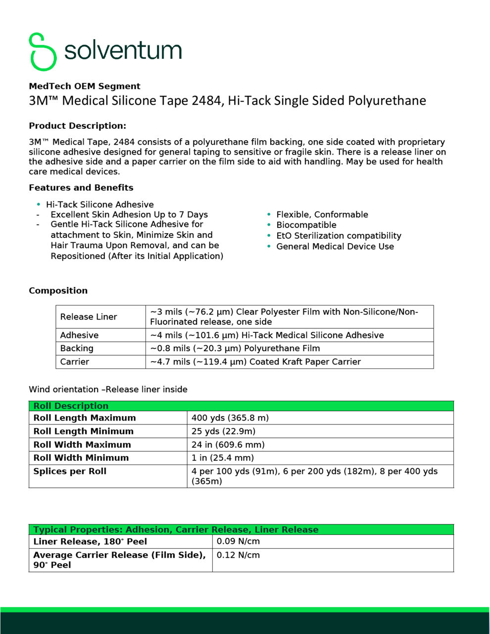 3M™ Medical Silicone Tape, 2484, Hi-Tack Single Sided Polyurethane Technical Information Sheet