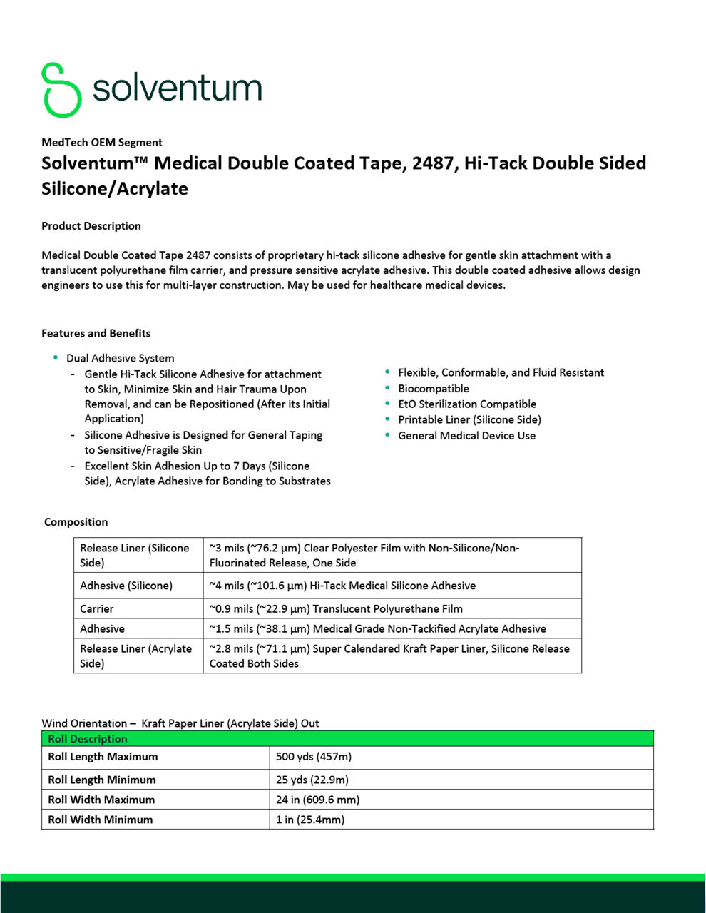 3M™ Medical Double Coated Tape 2487, Hi-Tack Double Sided Silicone Technical Information Sheet