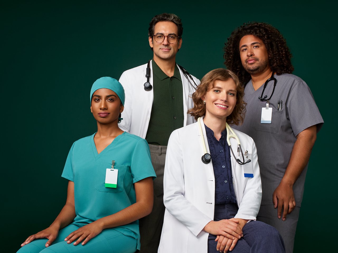 Medical professionals group shot with male and female nurses and doctors.