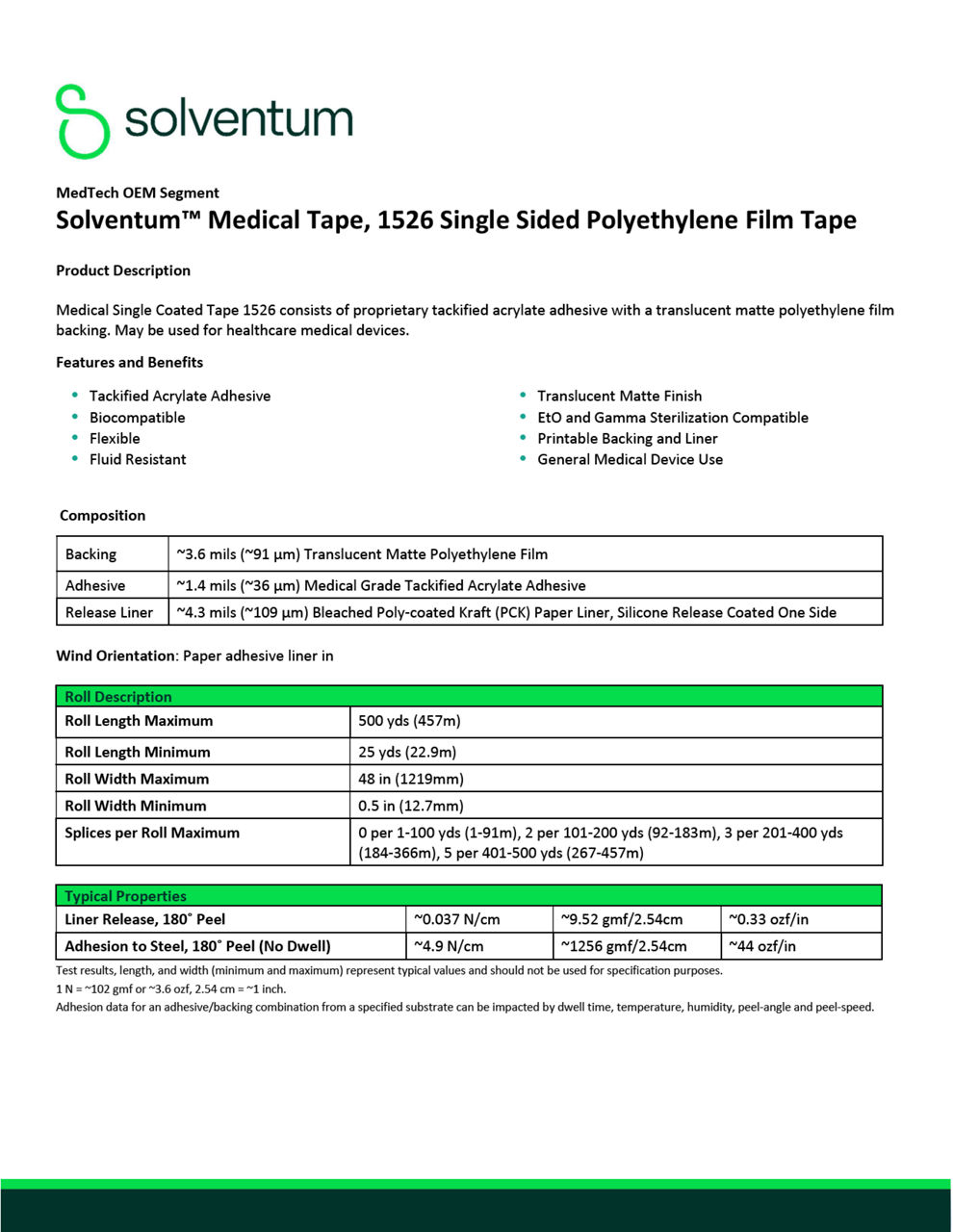 Solventum™ Medical Tape 1526 - Technical Information Sheet
