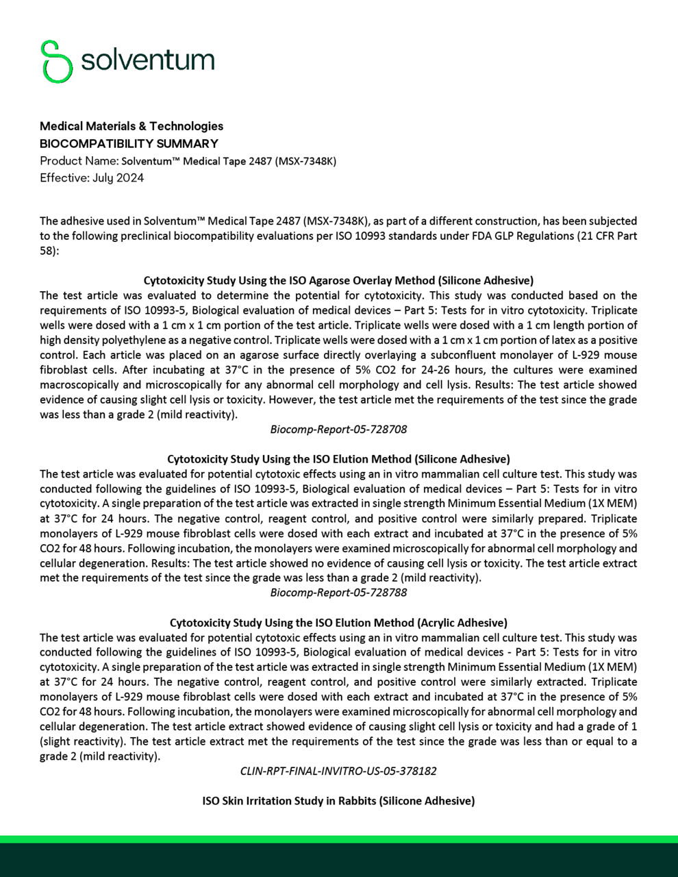 3M™ Medical Silicone Tape, Biocompatibility Summary