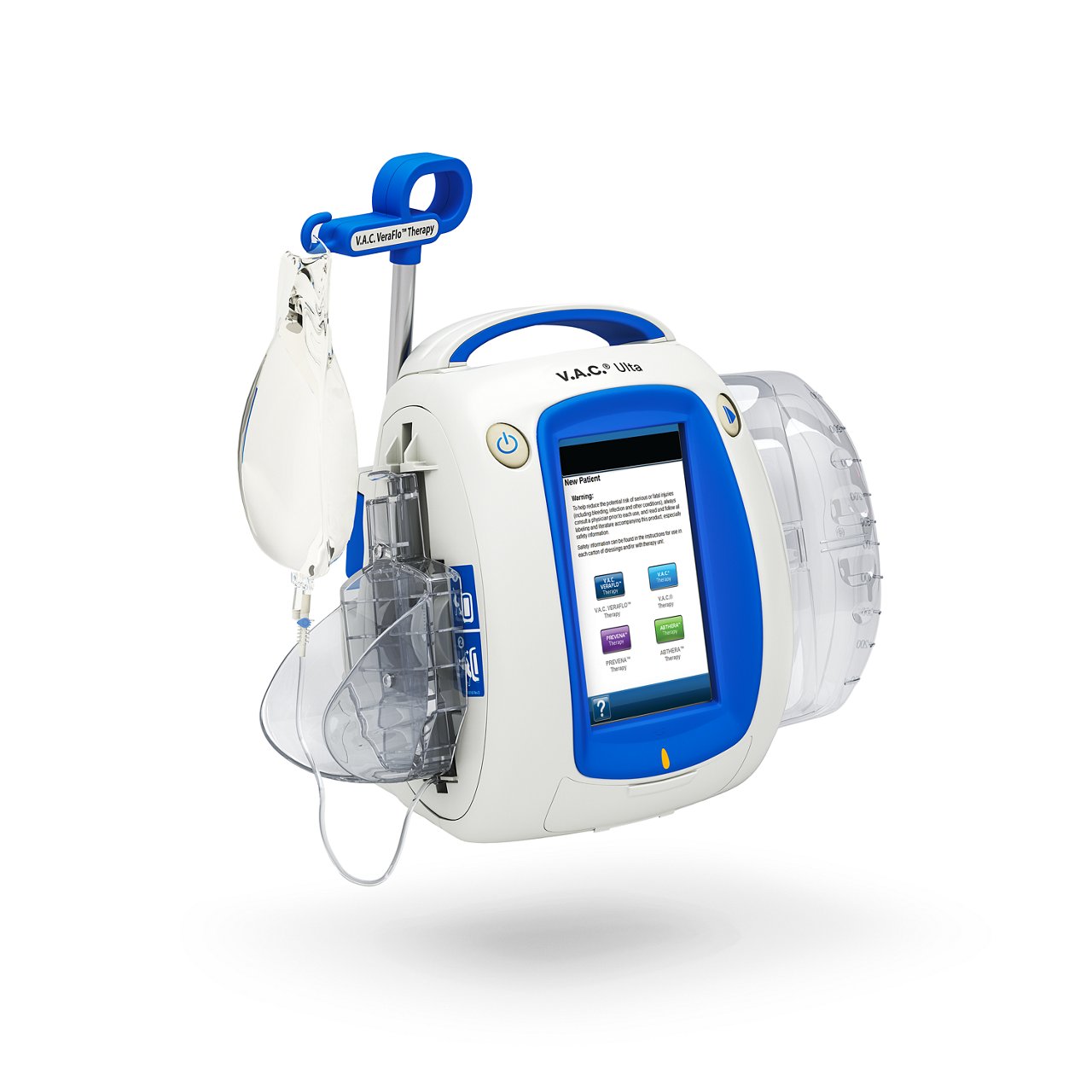 Imagen renderizada de la unidad de terapia 3M™ V.A.C.® Ulta con bolsa de solución salina y casete.