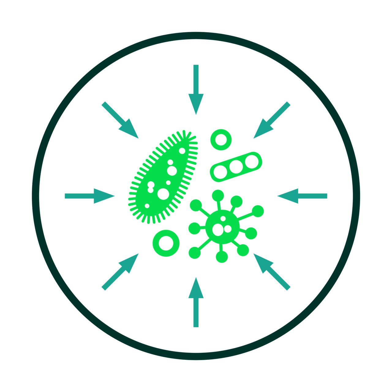 Icon illustrating microbes with arrows - black and green