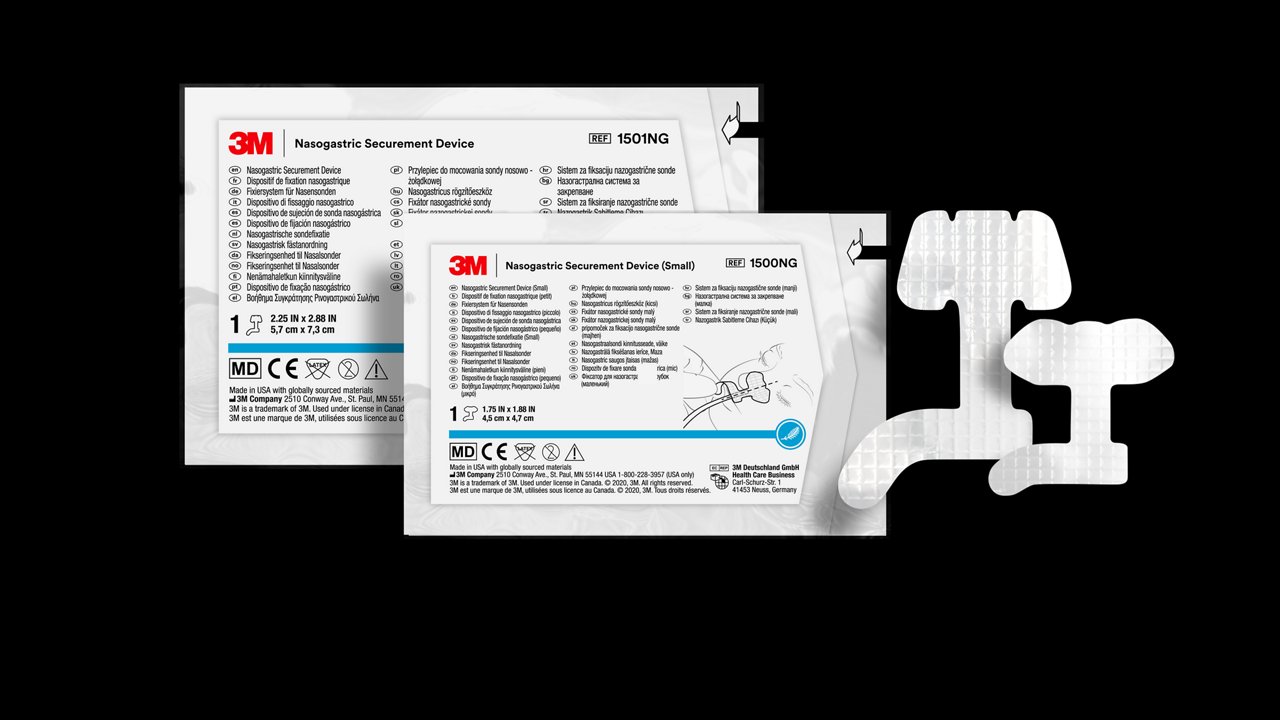 Photography showing the 3M™ Nasogastric Securement Device Small and Large products in and out of the packaging