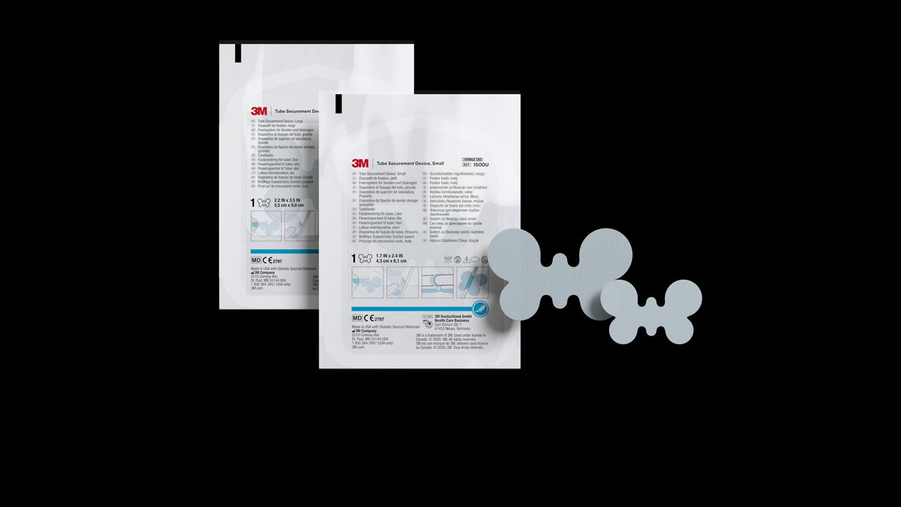 Photography showing the 3M™ Tube Securement Device Small and Large products in and out of the packaging