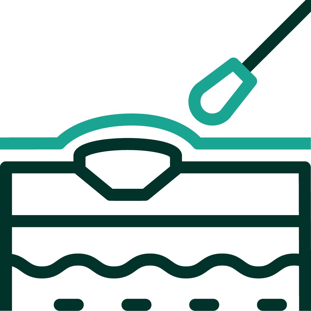 An iconographic representation of a wand applying medication to skin. Dark green and teal positive color palette.