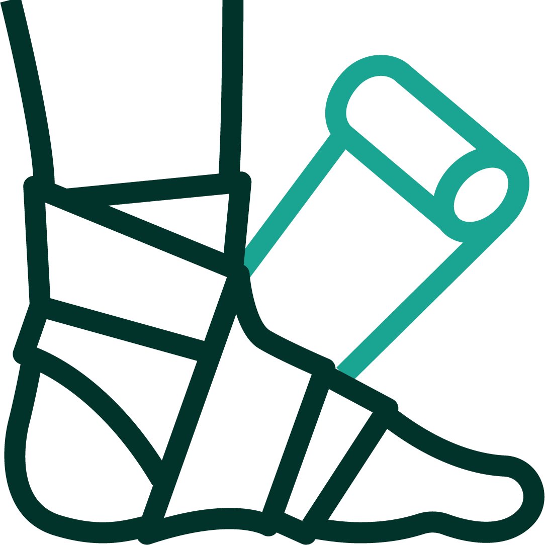 An iconographic representation of an ankle being wrapped. Dark green and teal positive color palette.