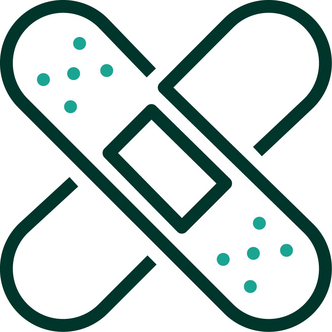 An iconographic representation of two bandages crossing over each other. Dark green and teal positive color palette.