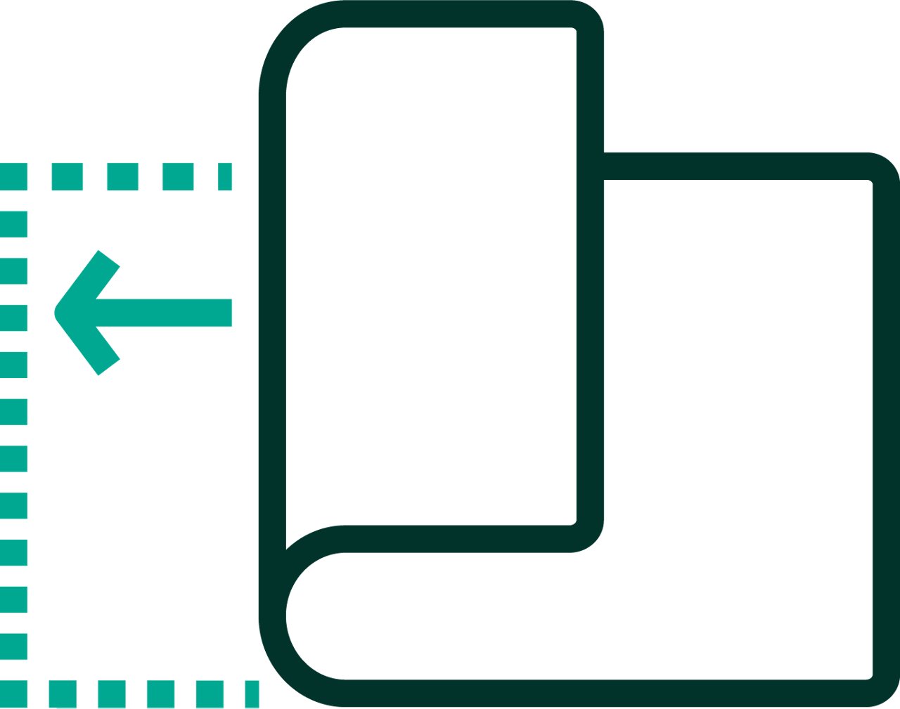 An iconographic representation of a dressing being applied. The bandage is partially peeled back with a rectangle dotted outline showing where to apply the bandage and an arrow moving left. Dark green and teal positive color palette.