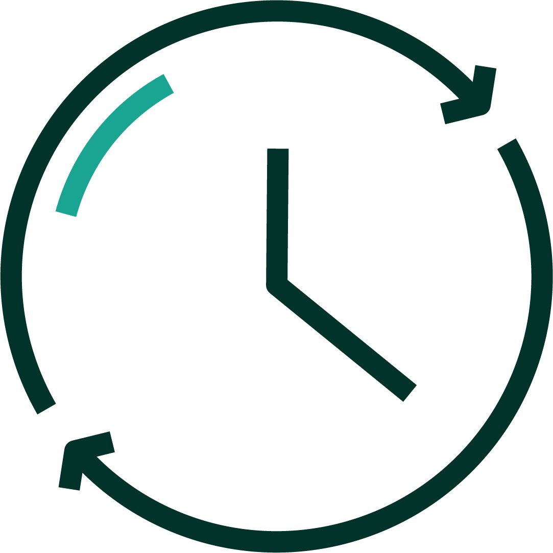 Een iconografische representatie van multifunctioneel met roterende cirkels met twee pijlen en een kleine en grote wijzer in het midden om een klok te vertegenwoordigen. Donkergroen en teal positieve kleurenpalet.