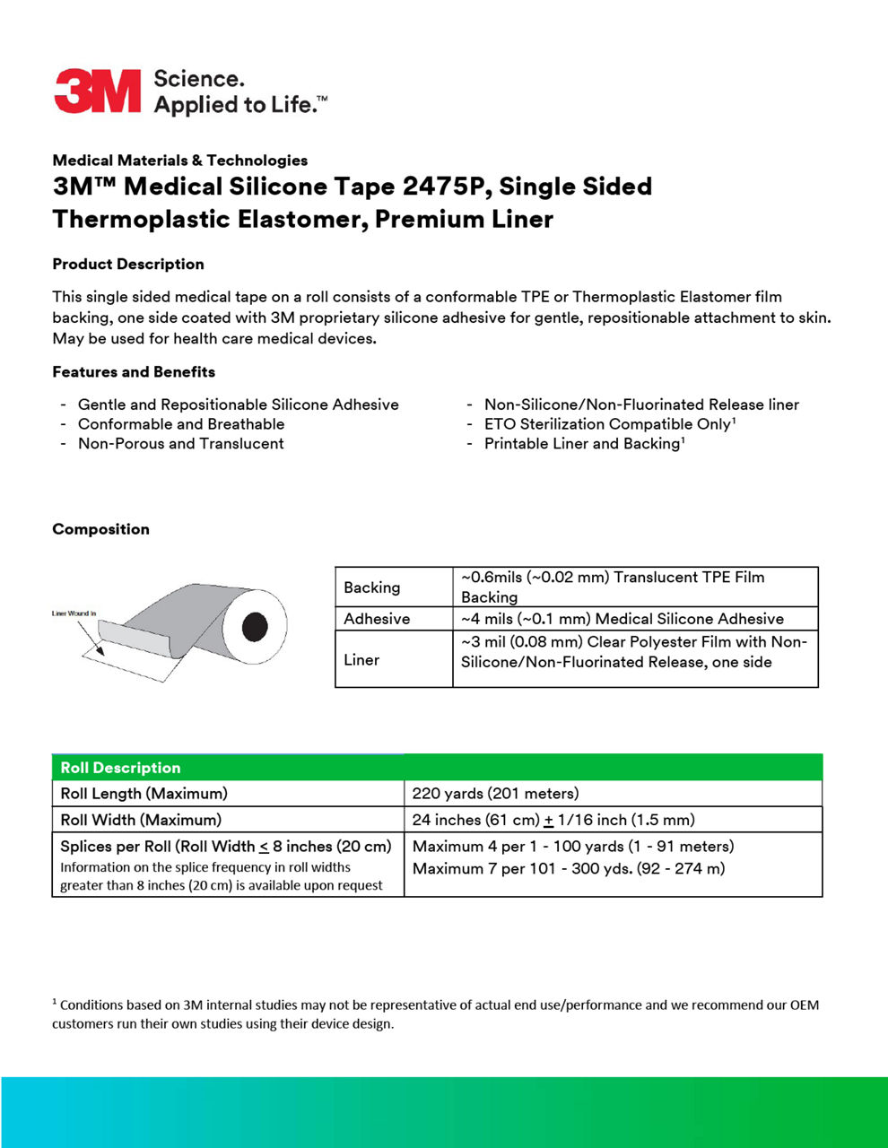 3M™ Medical Silicone Tape 2475P, Single Sided Thermoplastic Elastomer, Premium Liner