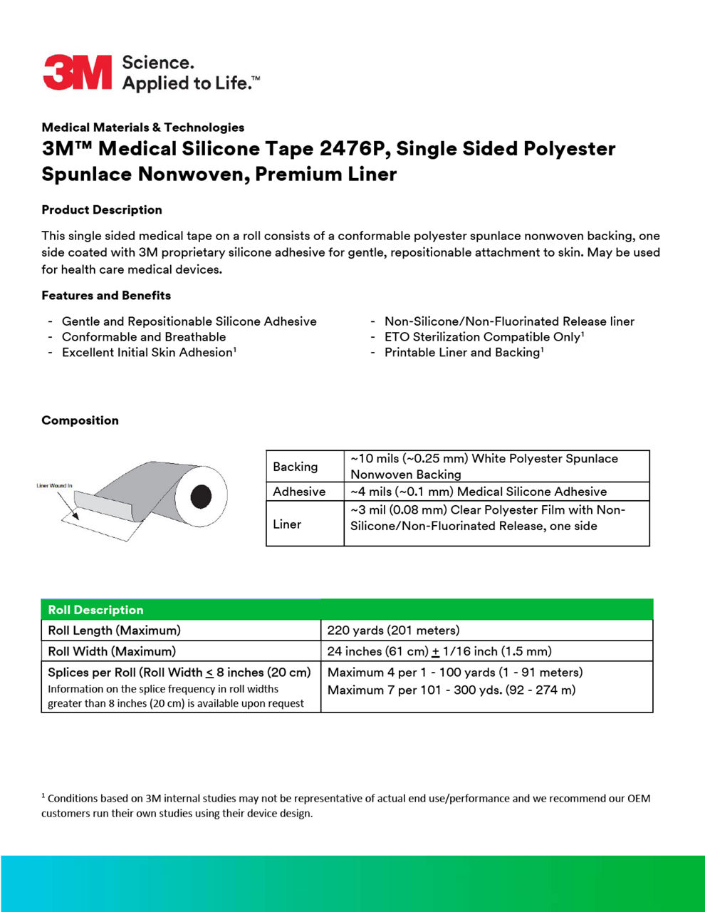 3M™ Medical Silicone Tape 2476P, Single Sided Polyester Spunlace Nonwoven, Premium Liner