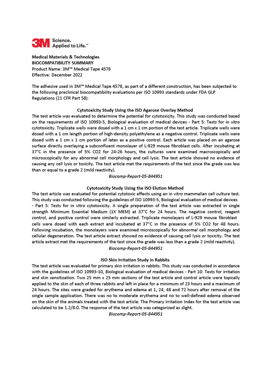 3M™ Medical Tape 4578, Biocompatibility Summary