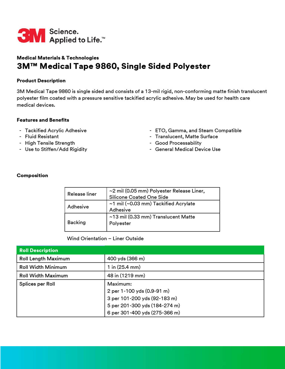 3M™ Medical Tape 9860, Single Sided Polyester 