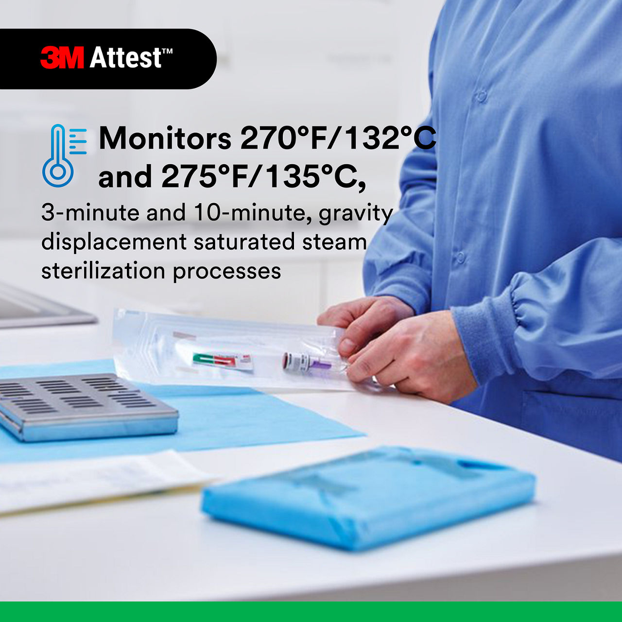 (3) Monitors 270F/132C & 275F/135C 3&10min gravity displacement steam sterilization cycles