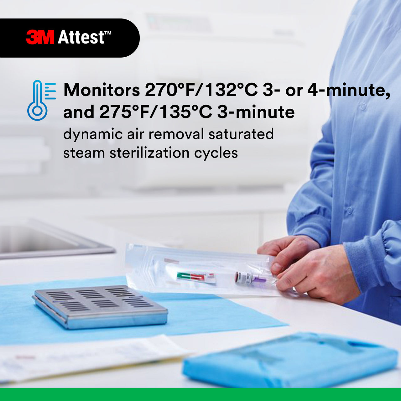 (3) Monitors 270F/132C 3&4min & 275F/135C 3min dynamic-air-removal steam sterilization cycles