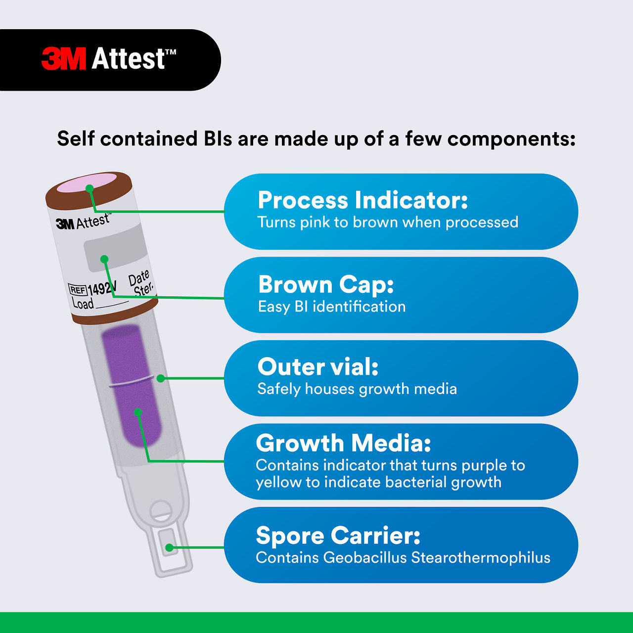 (5) BI components: process indicator, brown cap, outer vial, growth media, spore carrier